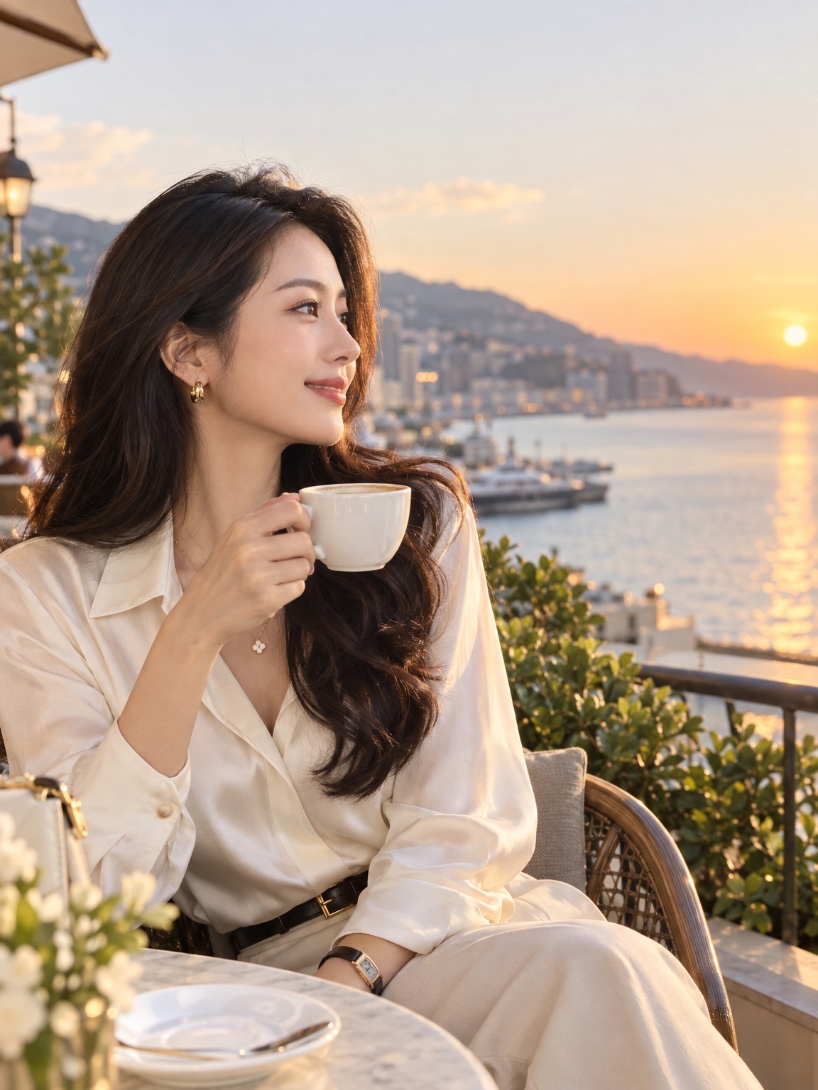 一位在海边咖啡馆微笑的女士